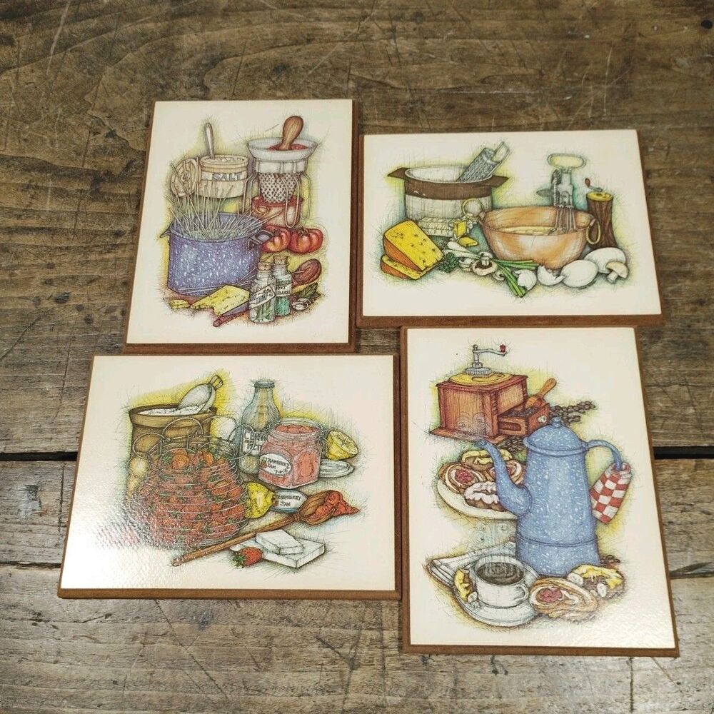 Vintage Set of 4 Plaque Kitchen Decor Farmhouse Wall Hanging Retro Primitive - Picture 1 of 8